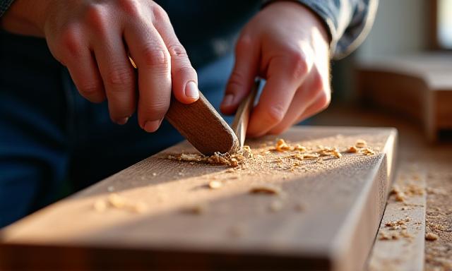 Taller de ebanistería con herramientas tradicionales y madera noble